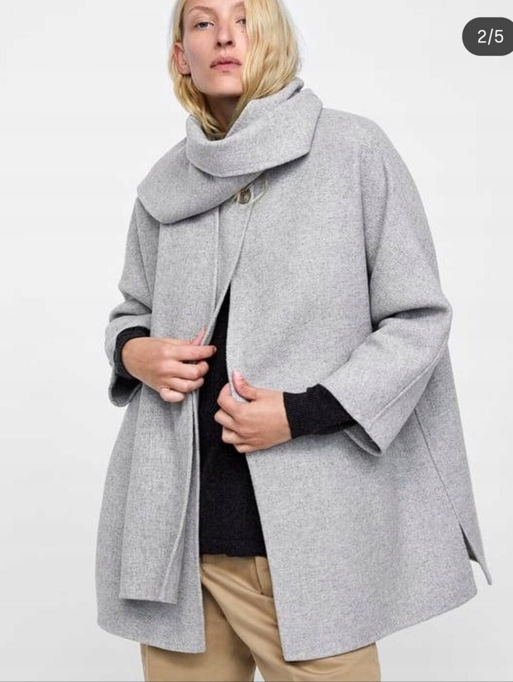 ZARA WOOL BLEND SCARF COAT GREY SIZE XS